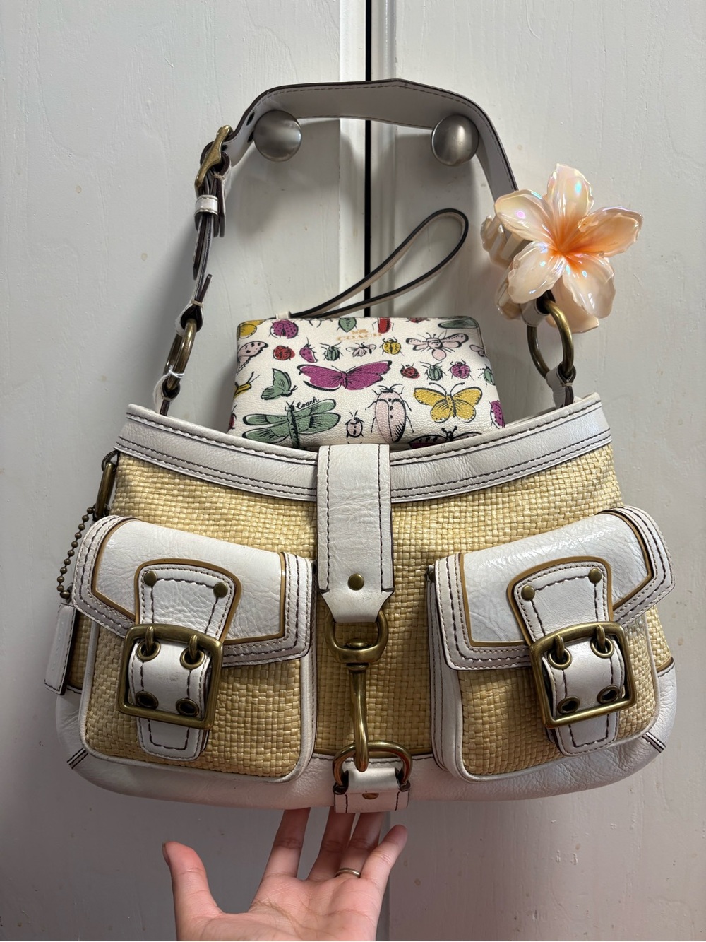 Authentic coach straw legacy with white leather trim